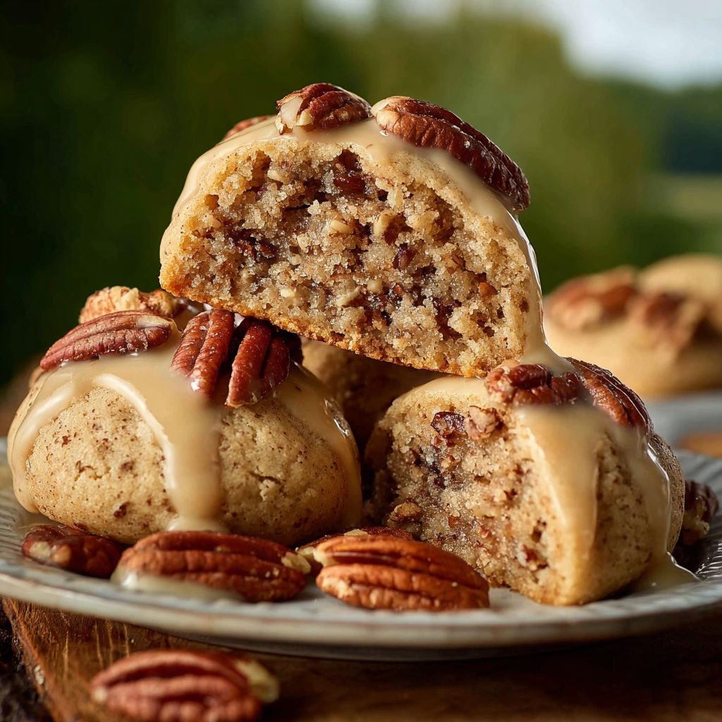 Three stacks of pecan cookies with maple glaze.
