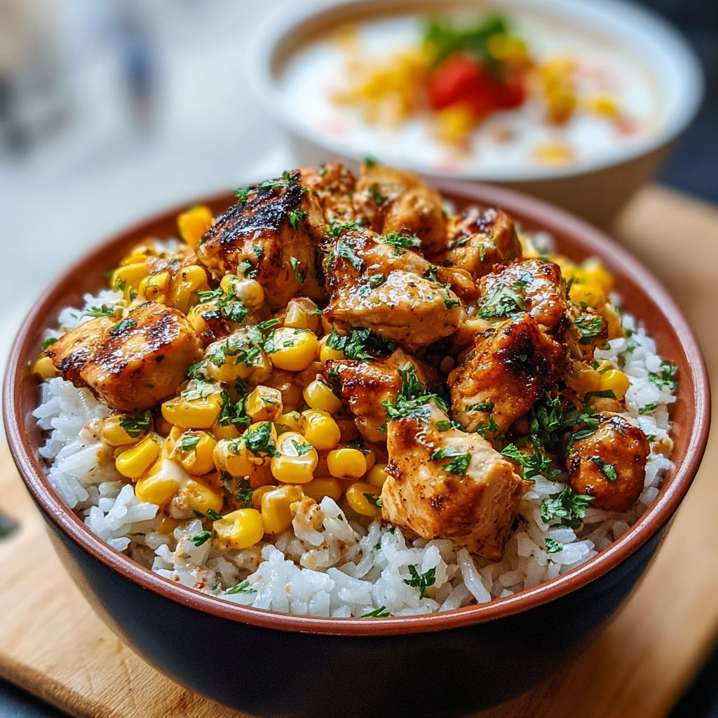 A bowl of Mexican-style chicken and corn rice.