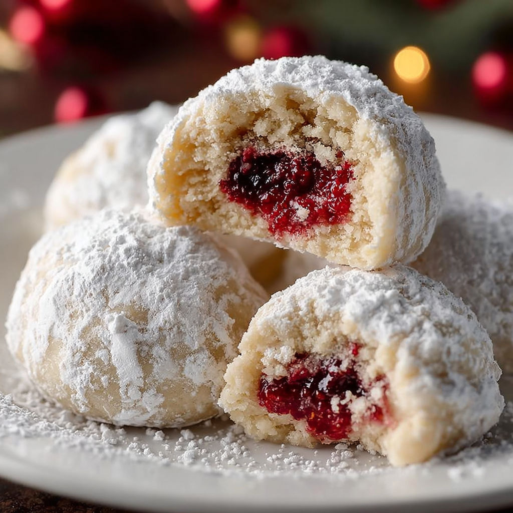 A plate of raspberry-filled almond snowball cookies.