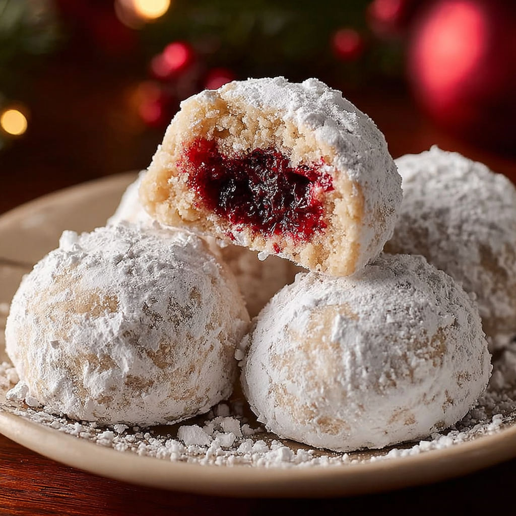 A plate of raspberry-filled almond snowball cookies.