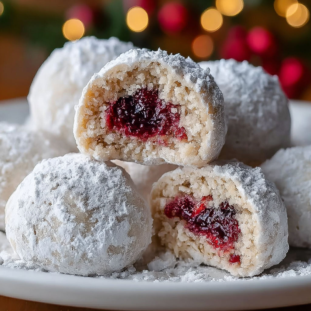 A plate of raspberry-filled almond snowball cookies.