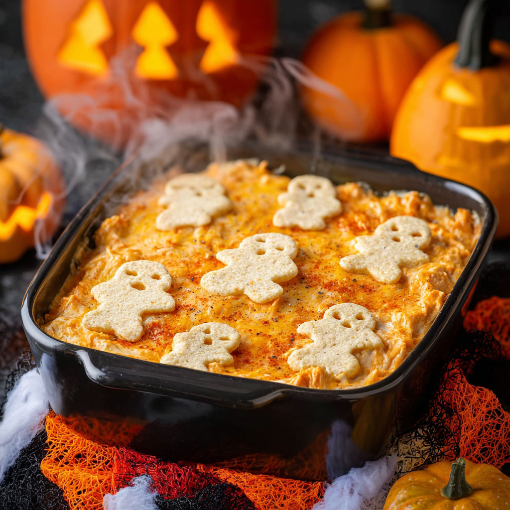 A pan of Halloween Buffalo Chicken Dip.