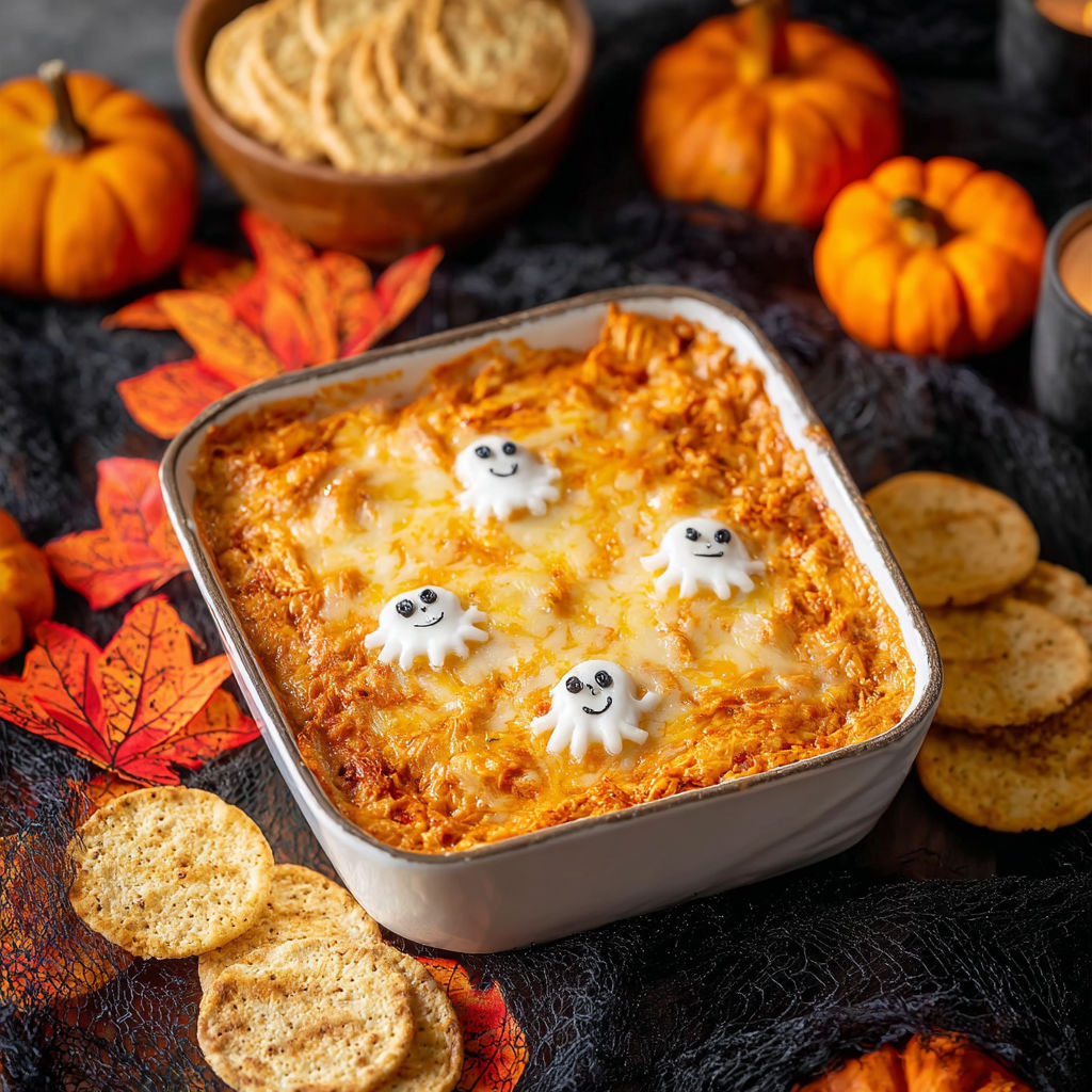 A dish of Buffalo Chicken Dip with a spooky touch.