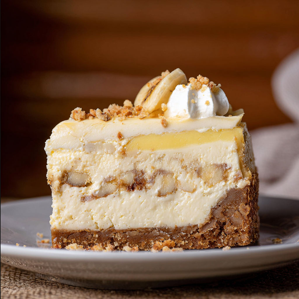 A slice of banana pudding cheesecake on a plate.