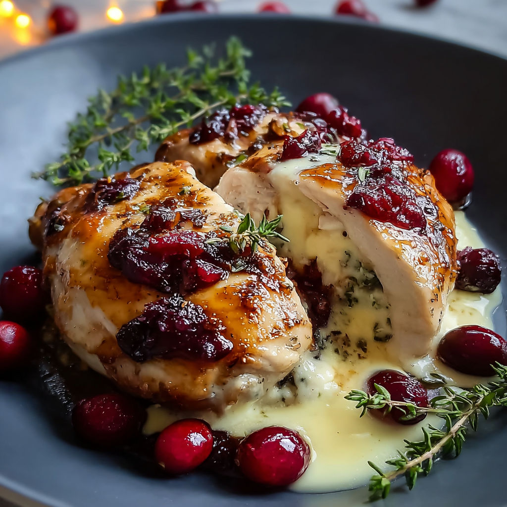A plate of chicken with cranberry sauce and cheese.