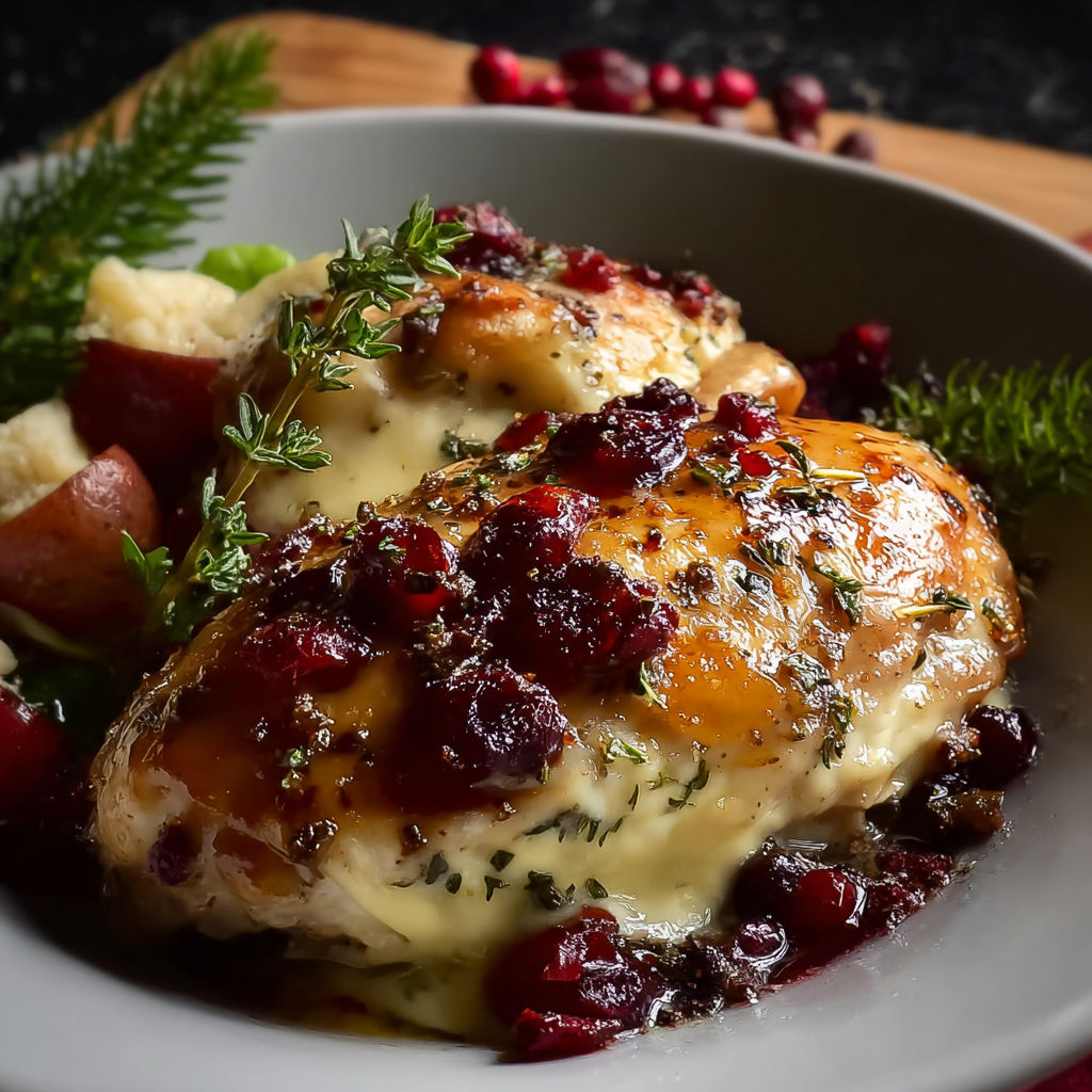 A plate of food with chicken, potatoes, and cranberries.