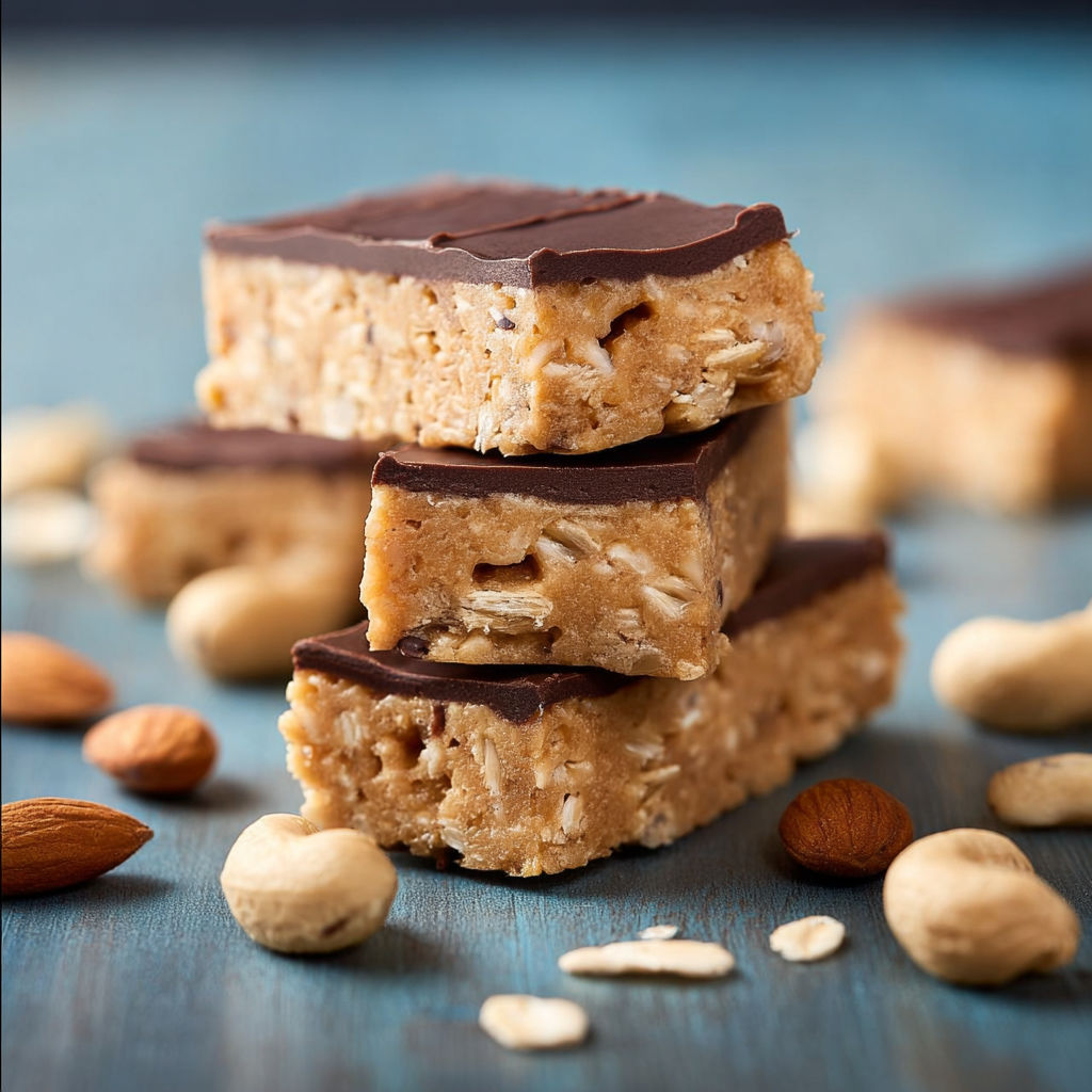 A stack of protein bars with nuts on the table.