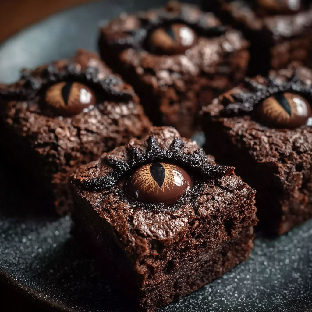 A plate of brownies with eyes on them.