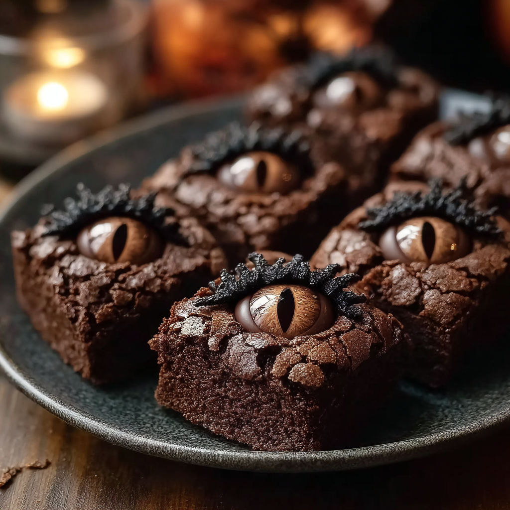 A plate of brownies with eyes on them.