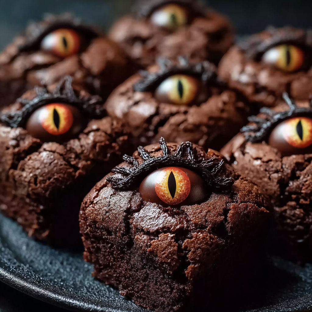 A plate of brownies with eyes on them.