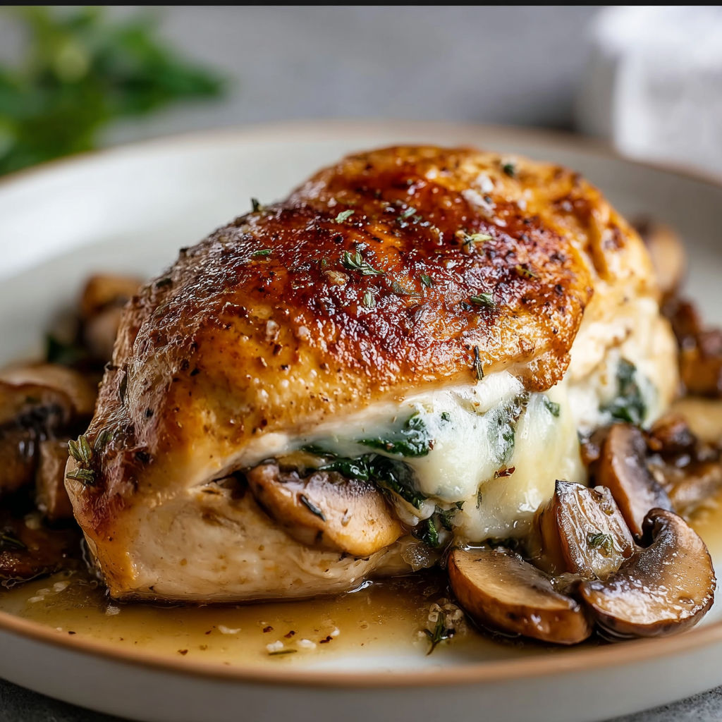 A plate of mushroom stuffed chicken breast.