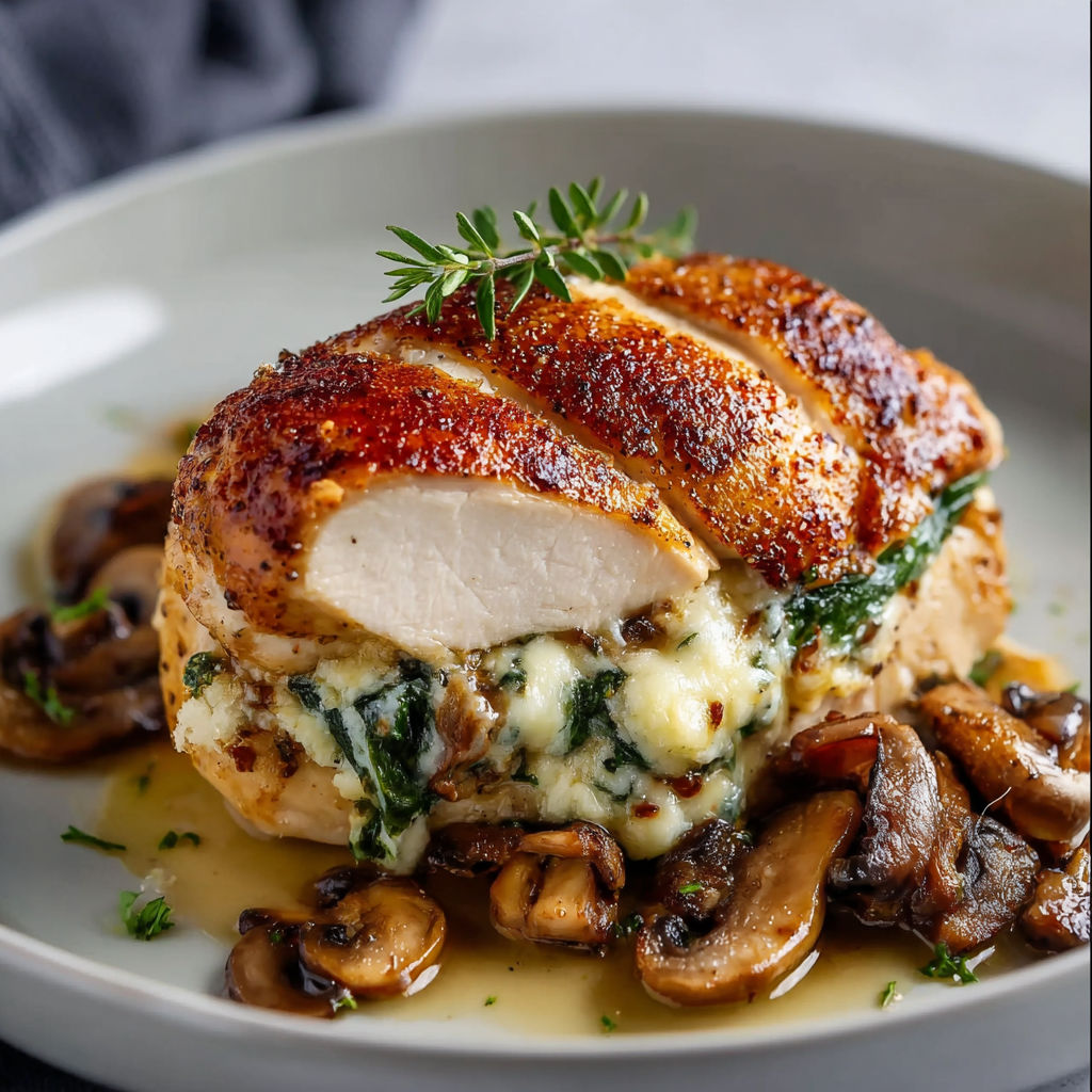 A plate of mushroom stuffed chicken breast.