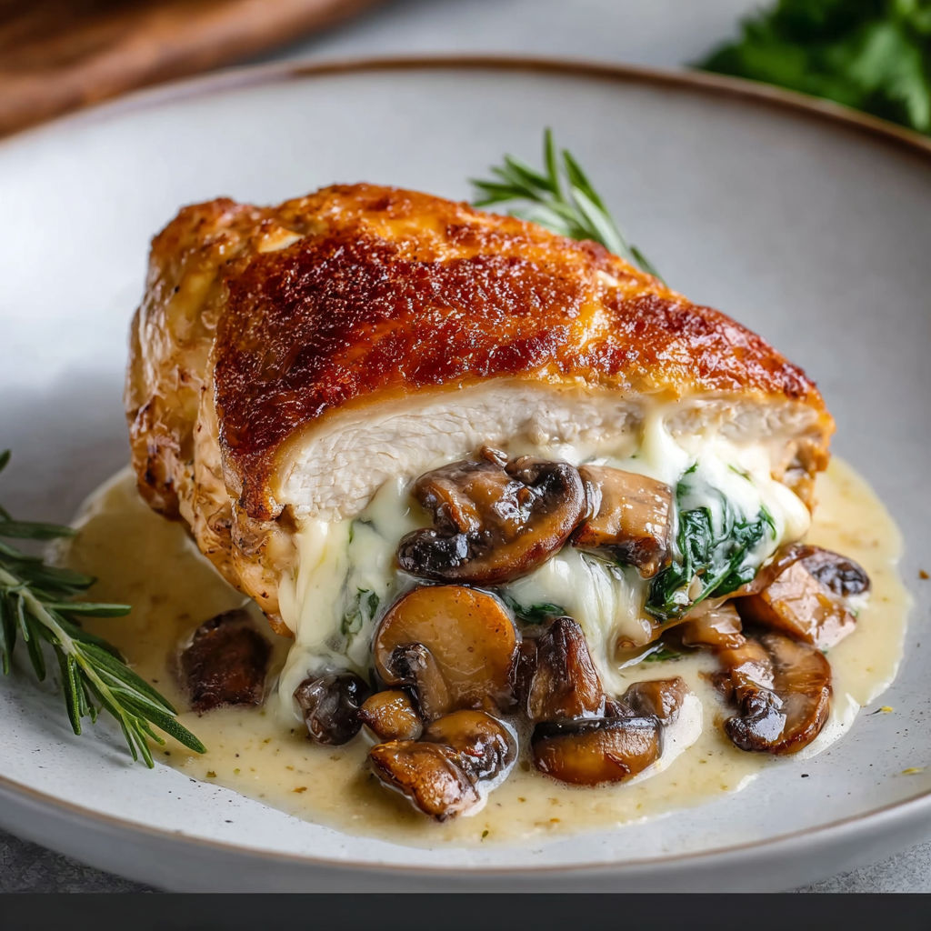 A chicken breast with mushrooms on top.