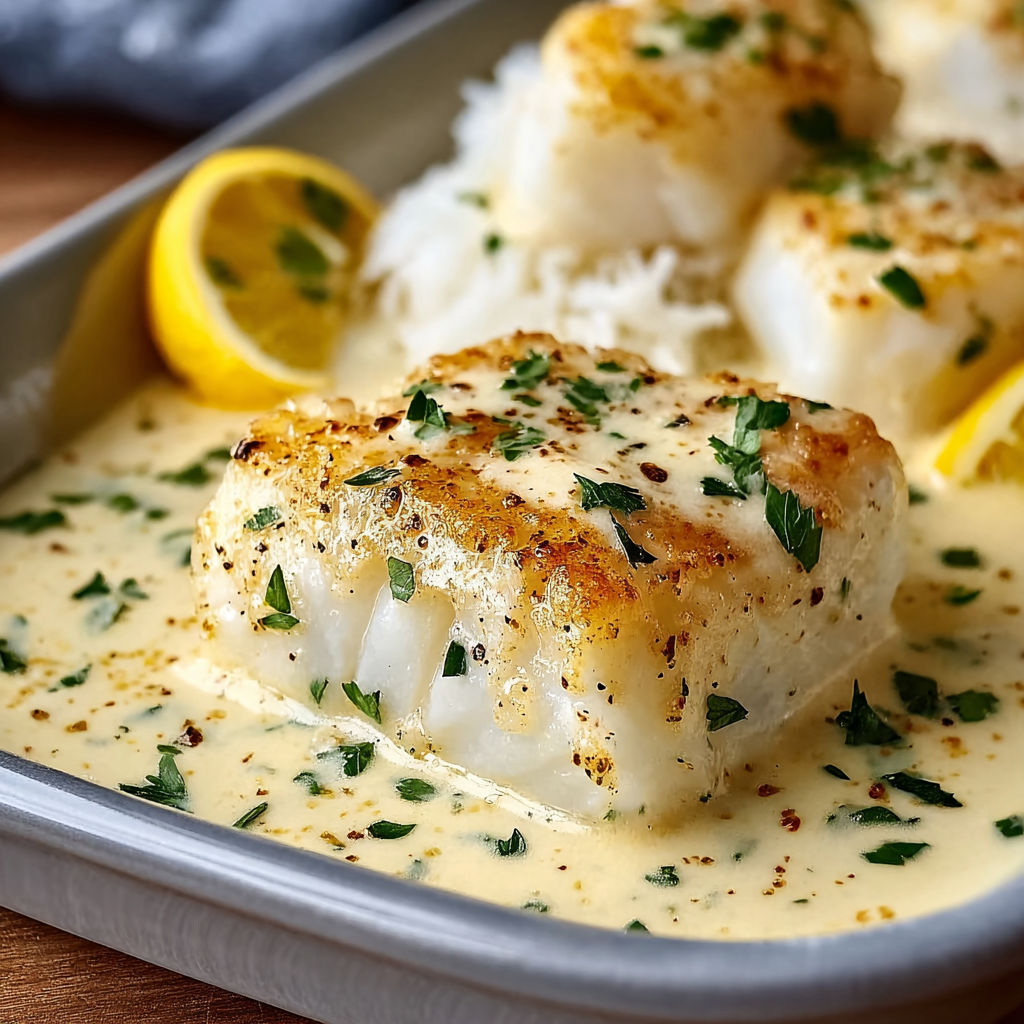 A pan of baked cod in coconut lemon cream sauce.