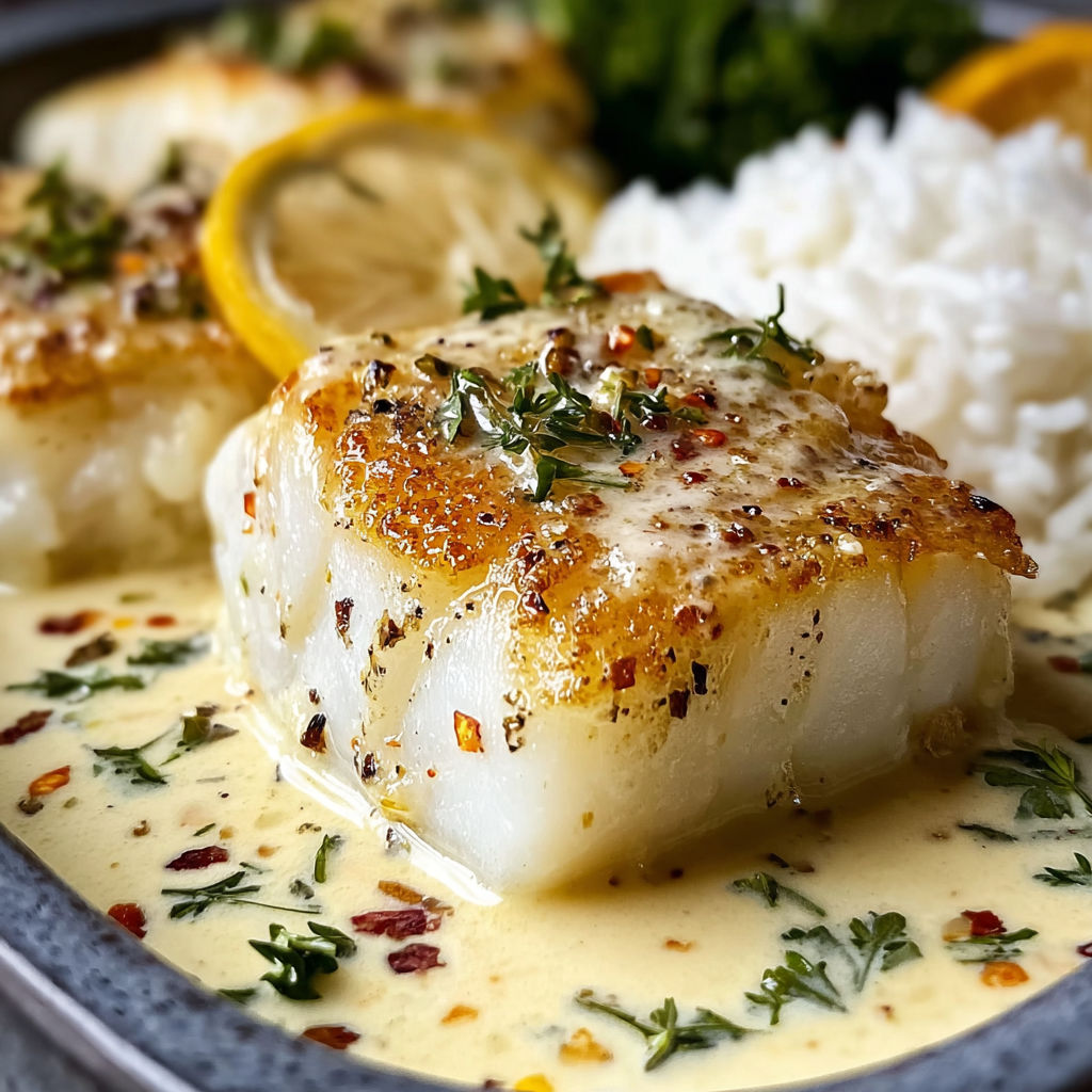 A plate of baked cod in coconut lemon cream sauce.