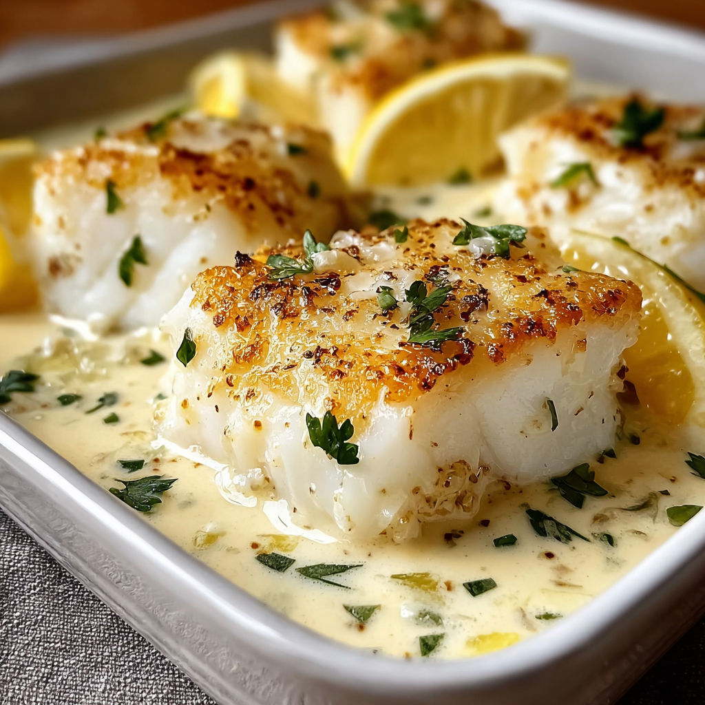 A dish of baked cod in coconut lemon cream sauce.