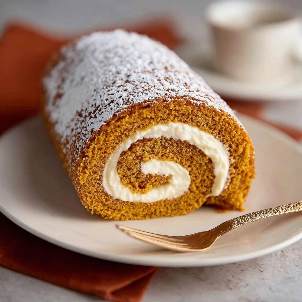 A slice of pumpkin roll cake on a plate.