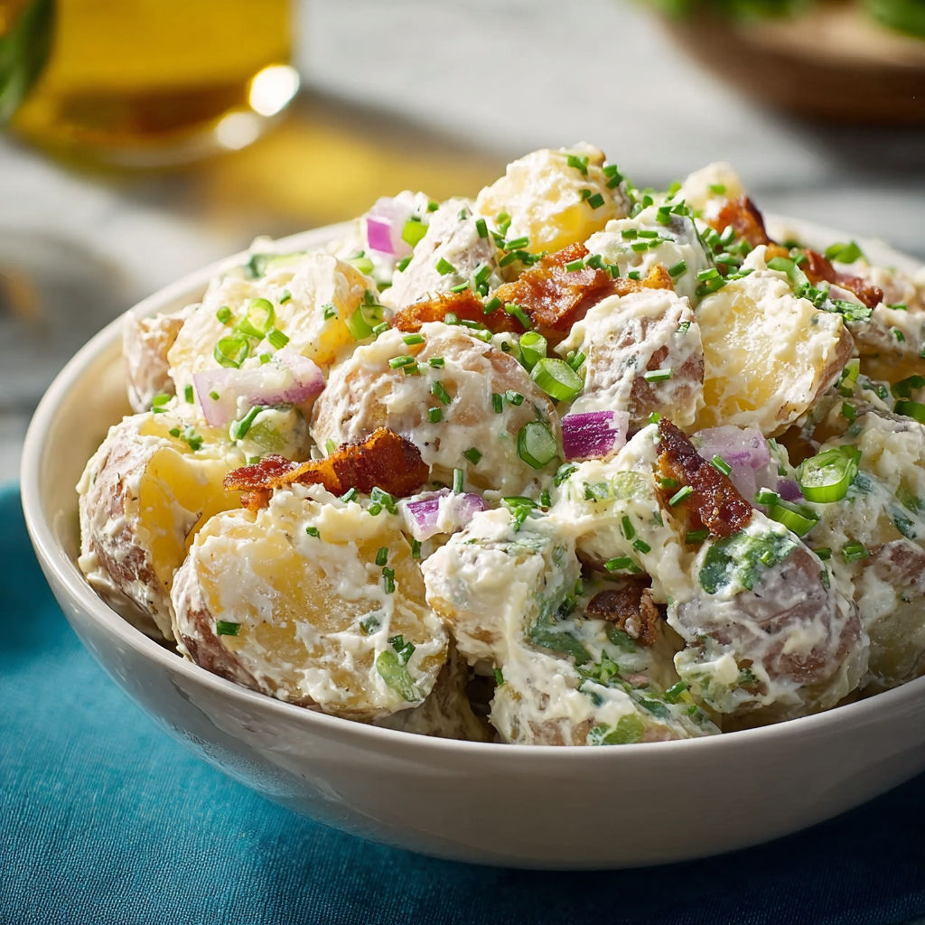 A bowl of potato salad with bacon and onions.