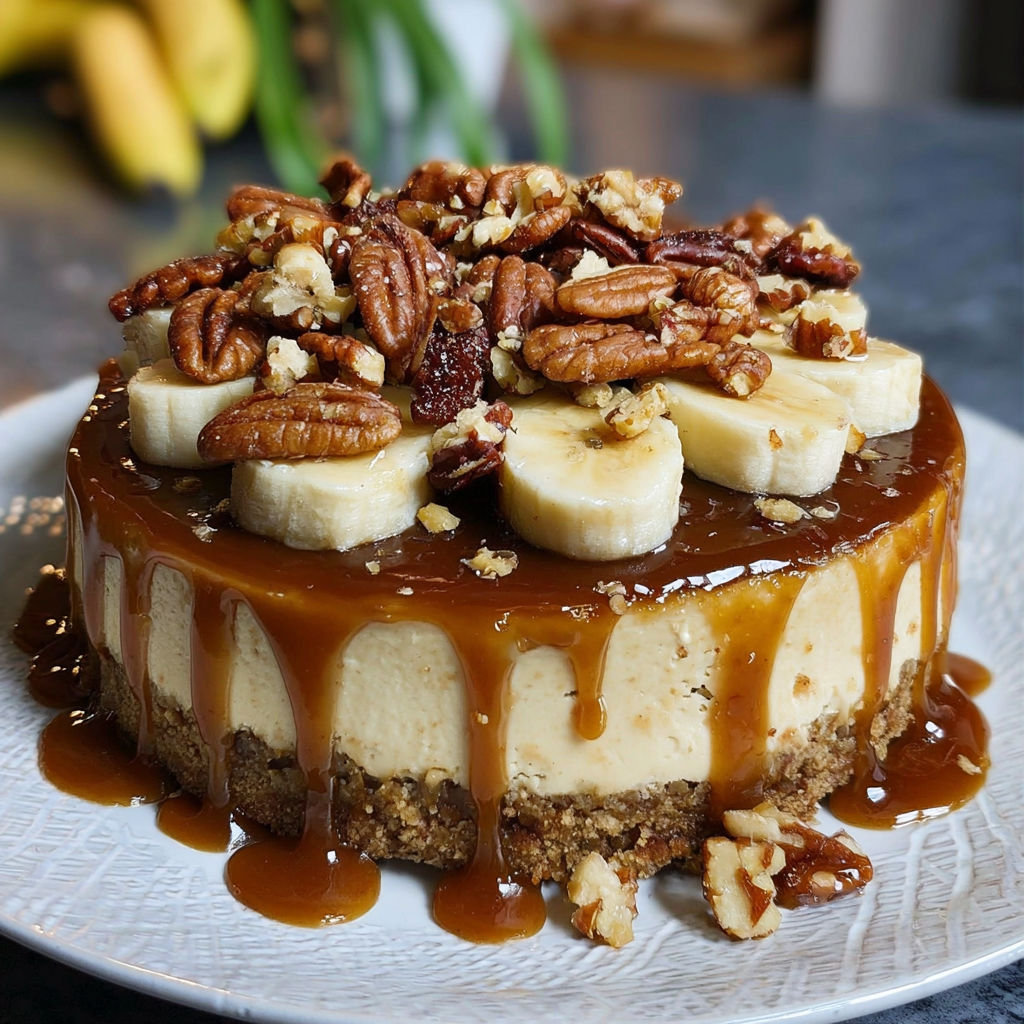 A slice of banana-caramel pecan cheesecake on a plate.