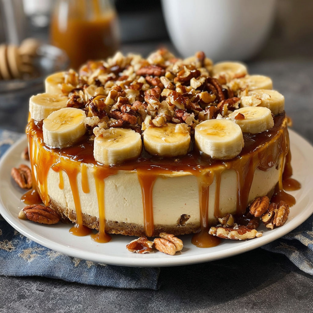 A slice of banana caramel pecan cheesecake on a plate.