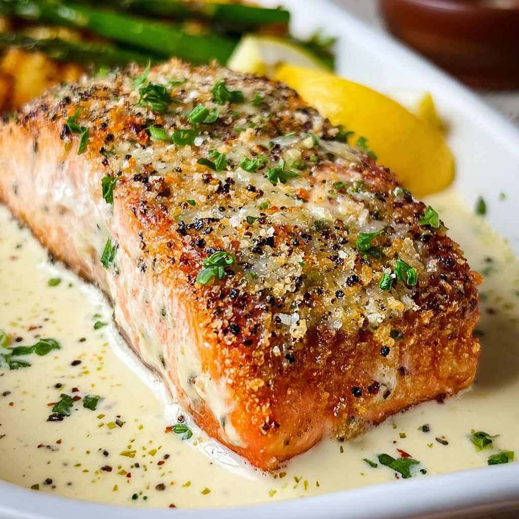 A piece of baked salmon with a creamy sauce.