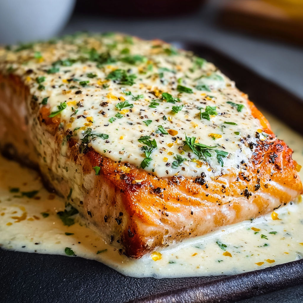 A piece of salmon with a creamy sauce on top.