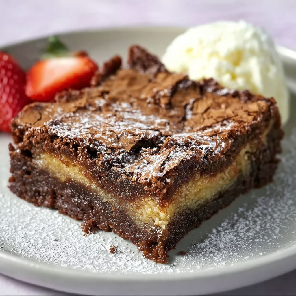 A slice of chocolate gooey butter cake.