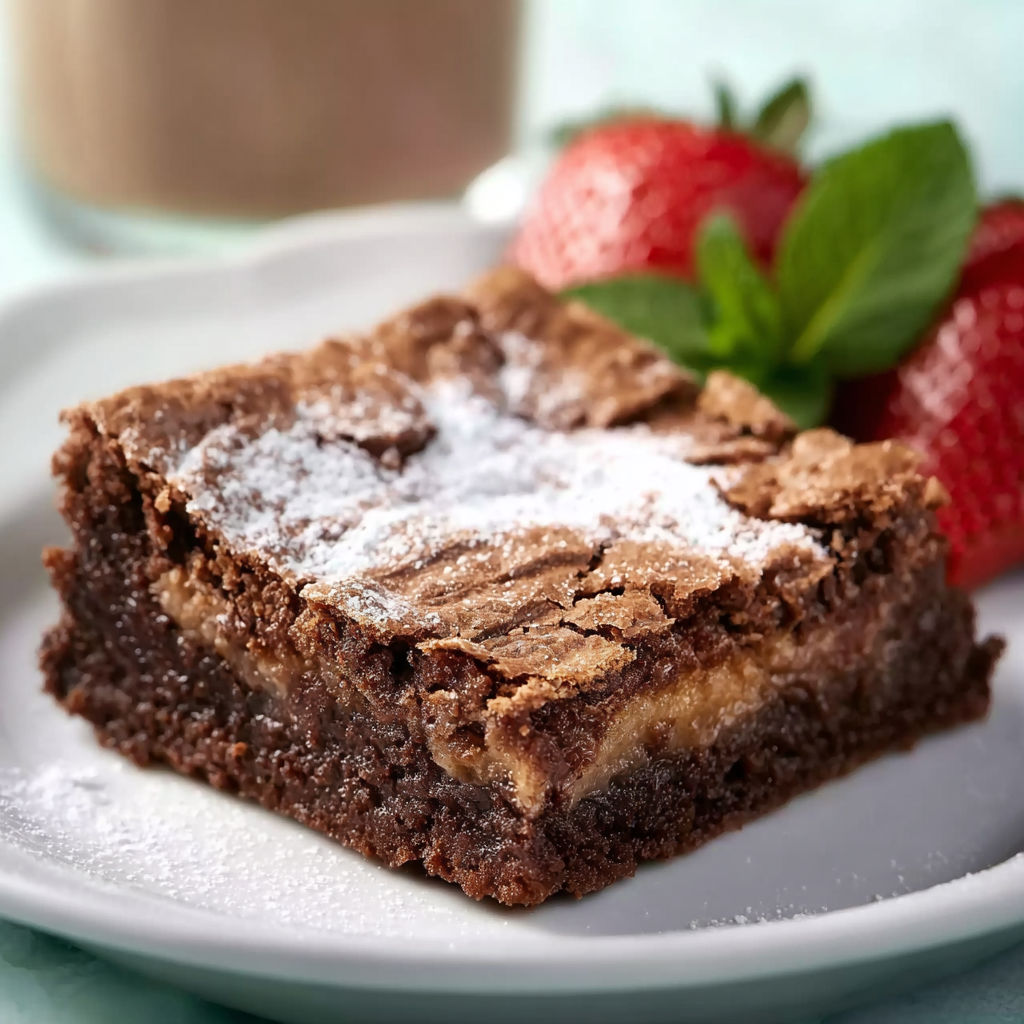 A slice of chocolate gooey butter cake.