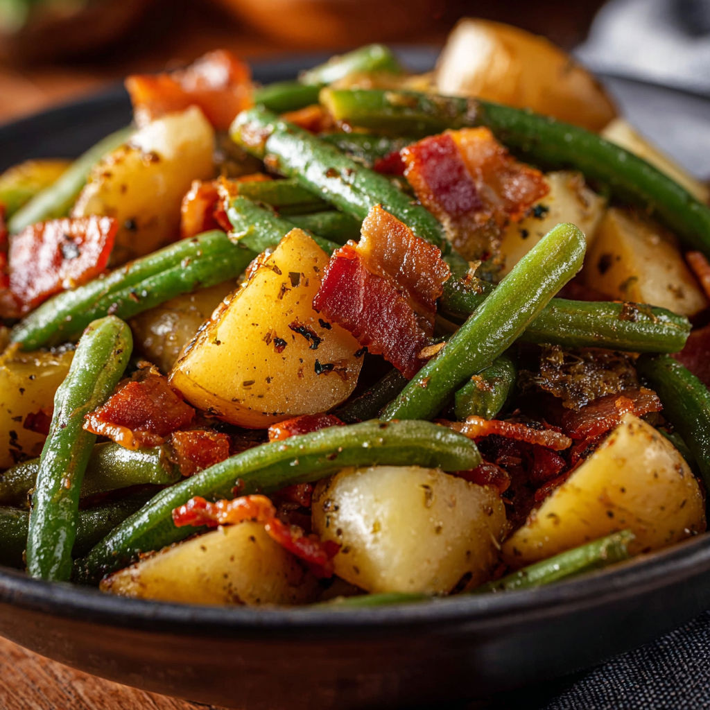 A plate of food with bacon and green beans.