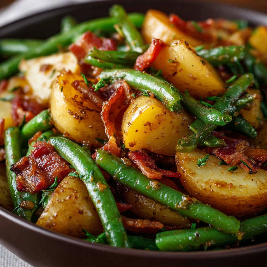 A bowl of food with green beans and bacon.