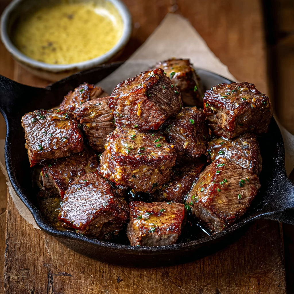 A pan of beef steak bites with a side of butter.
