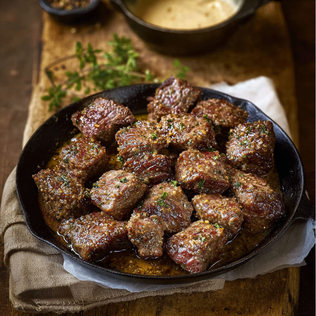 A pan of steak bites with a side of butter.