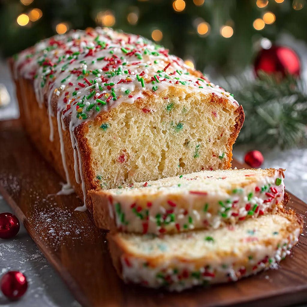 A slice of cake with white frosting and sprinkles.