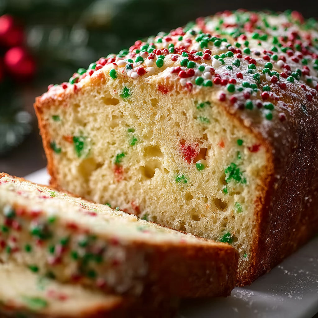 A slice of cake with sprinkles on a plate.