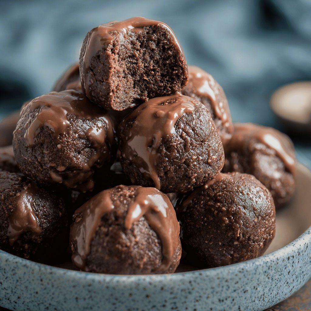 Chocolate covered cake balls in a bowl.
