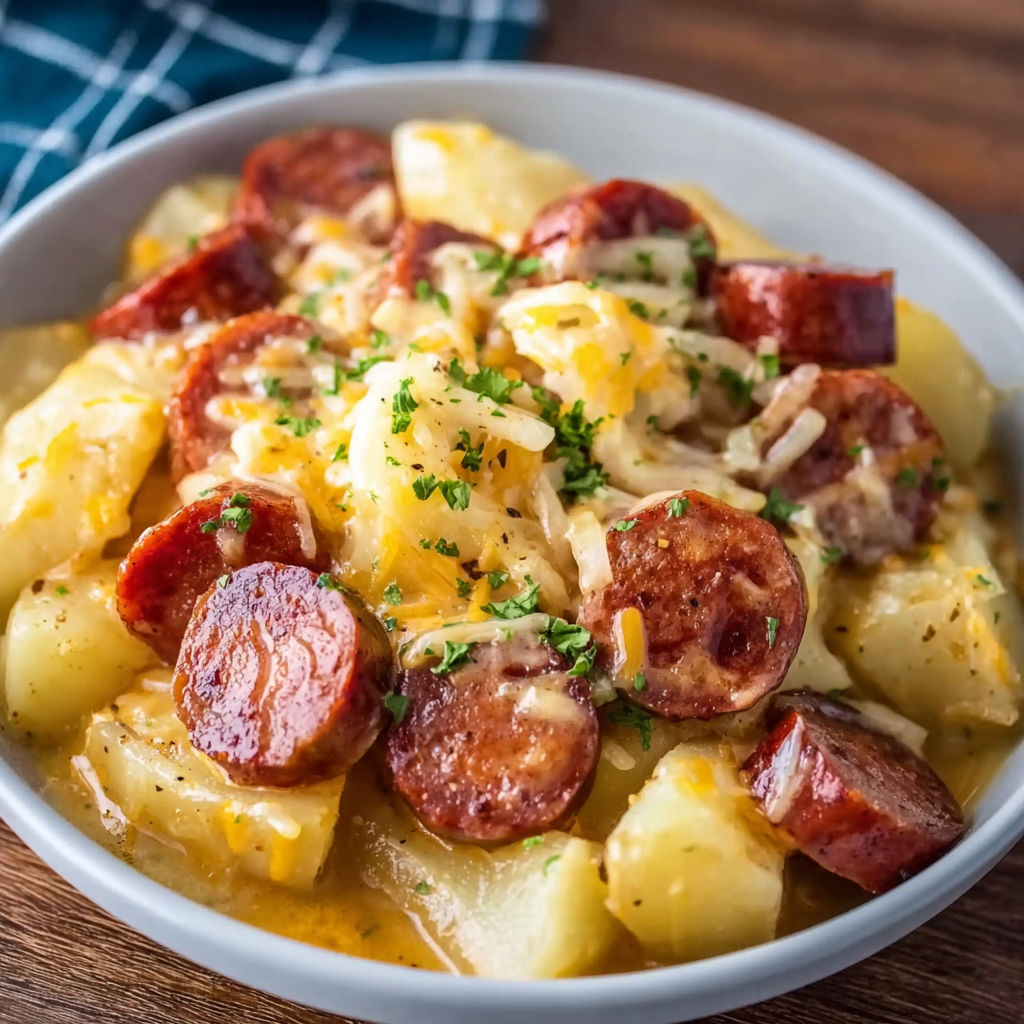 A bowl of food with sausage, potatoes, and cheese.
