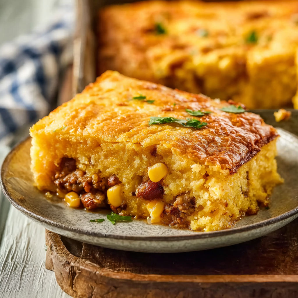 A slice of cornbread casserole with jiffy mix.
