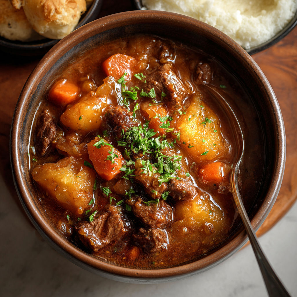 A bowl of beef stew with carrots and parsley.