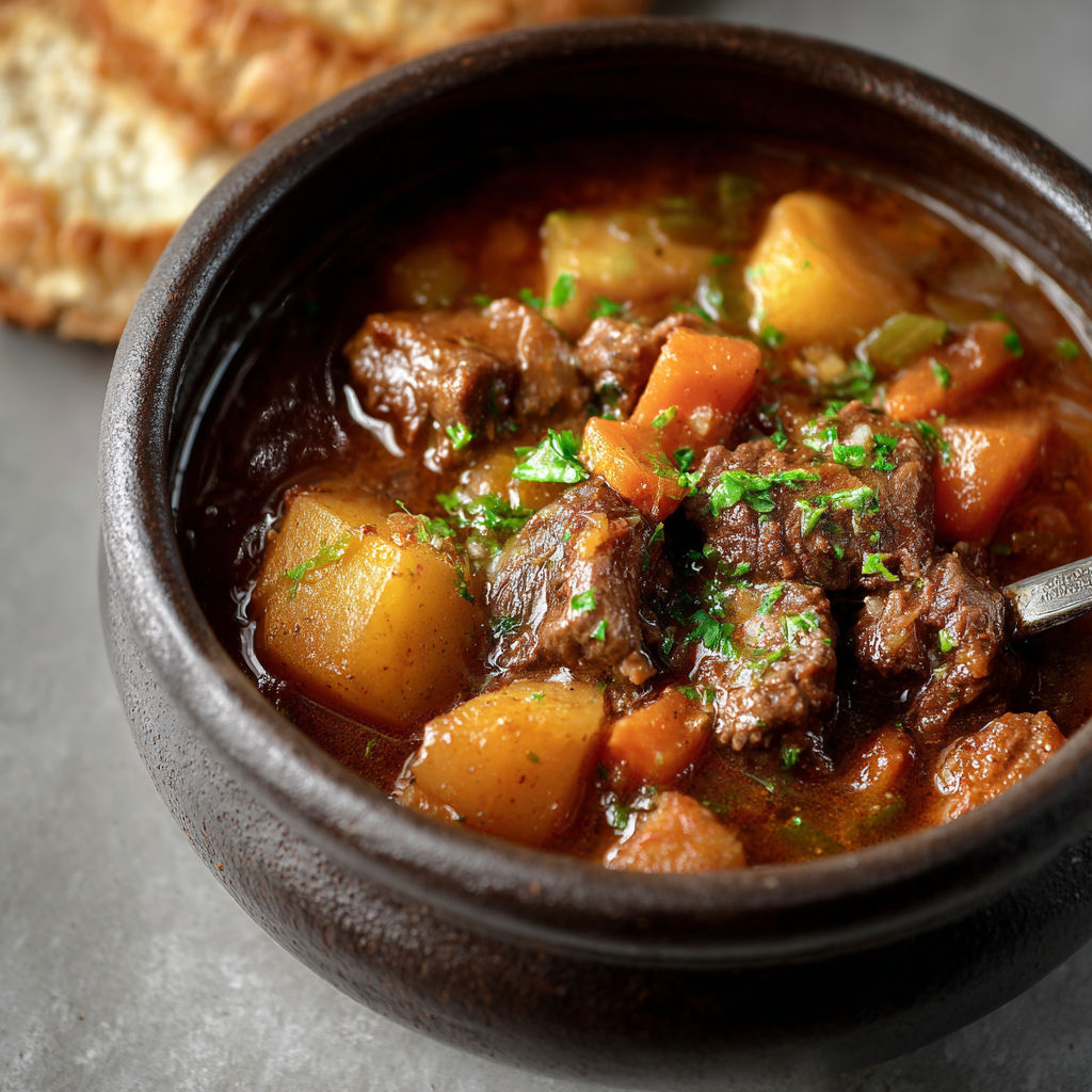 A bowl of soup with meat and vegetables.