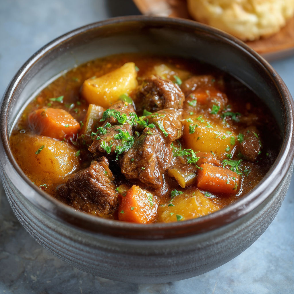 A bowl of stew with meat and vegetables.