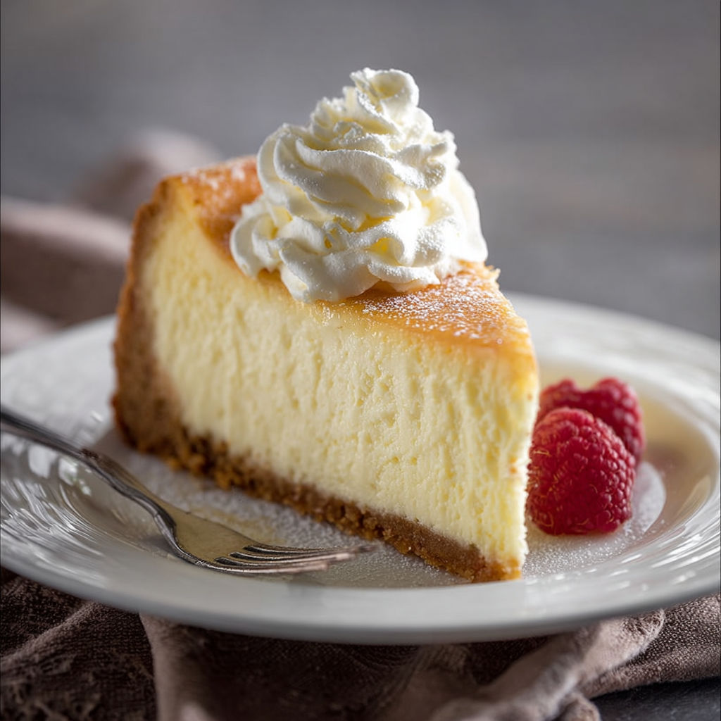 A slice of cheesecake with whipped cream on top.