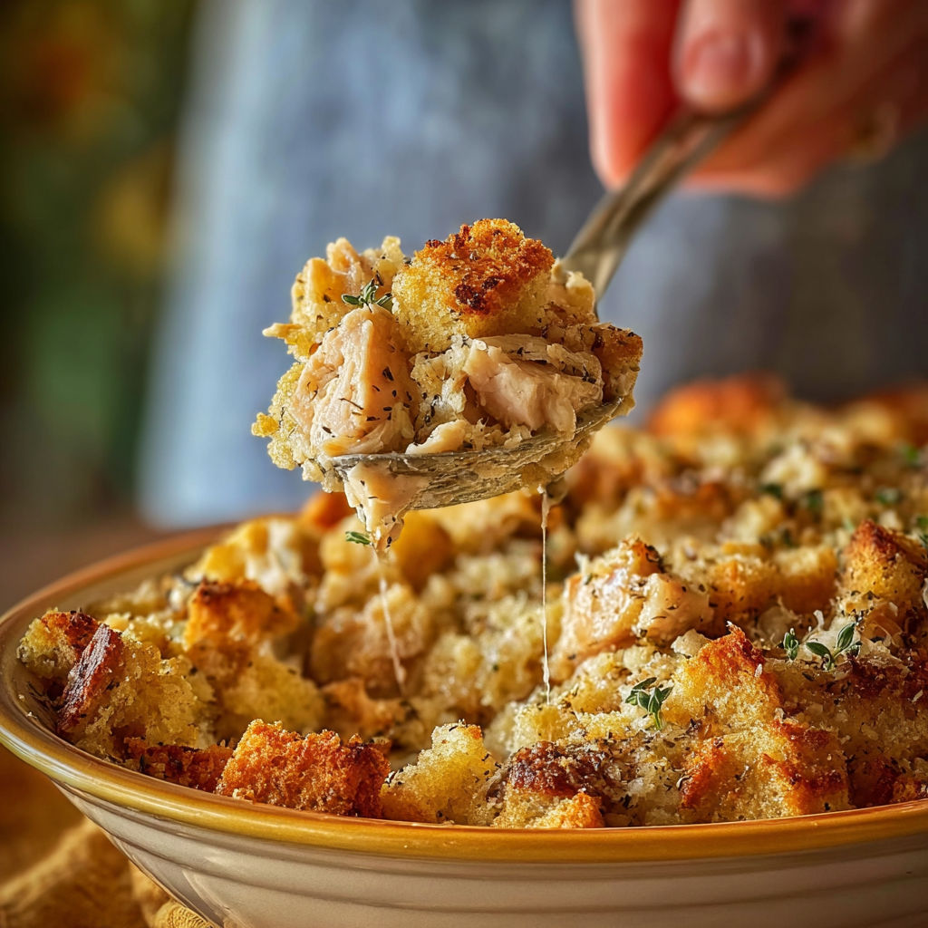 A person is serving a casserole with a spoon.