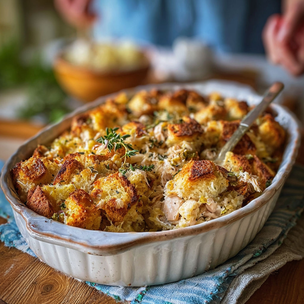A white bowl filled with chicken and stuffing.