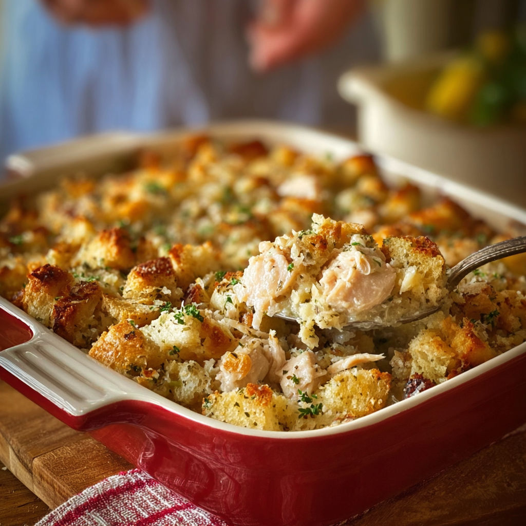 A close up of a casserole dish with a spoon in it.