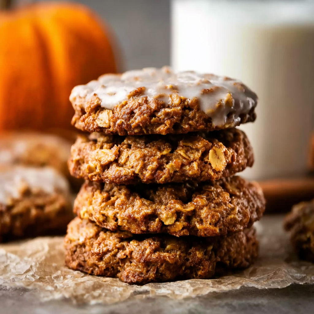 A stack of oatmeal cookies with a pumpkin on top.