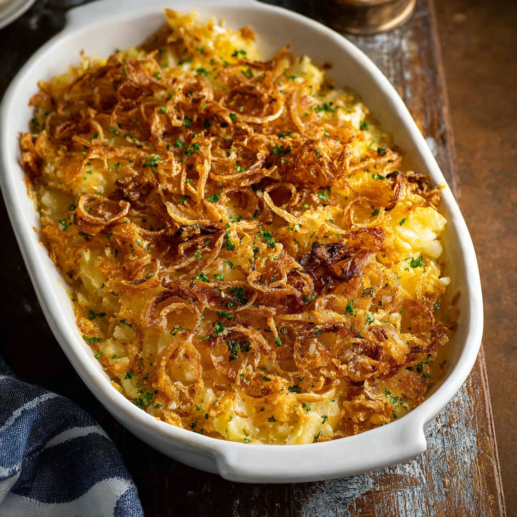 A white bowl filled with French Onion Funeral Potatoes.
