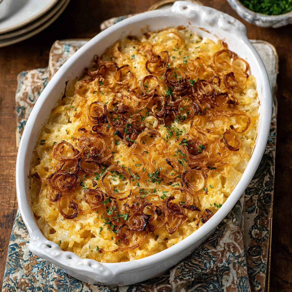 A white bowl filled with French Onion Funeral Potatoes.