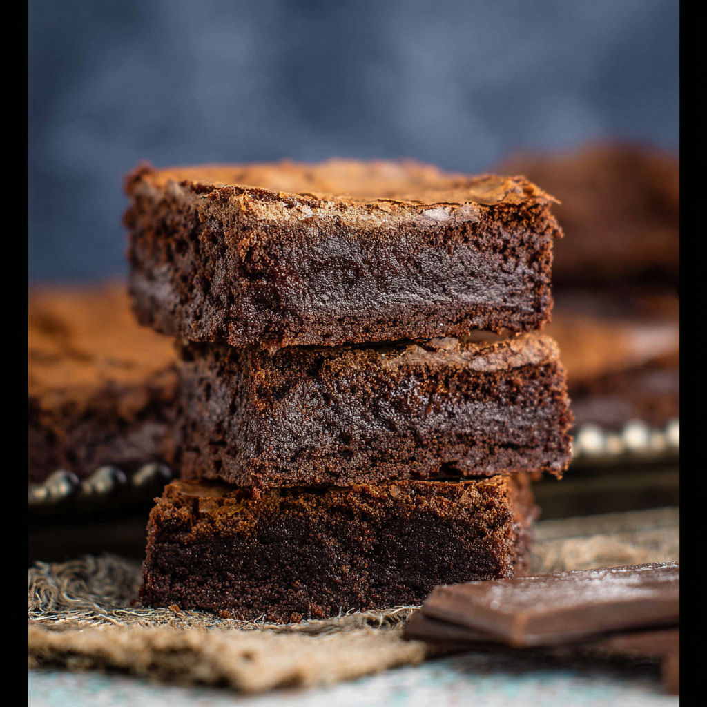 A stack of brownies with chocolate chips.