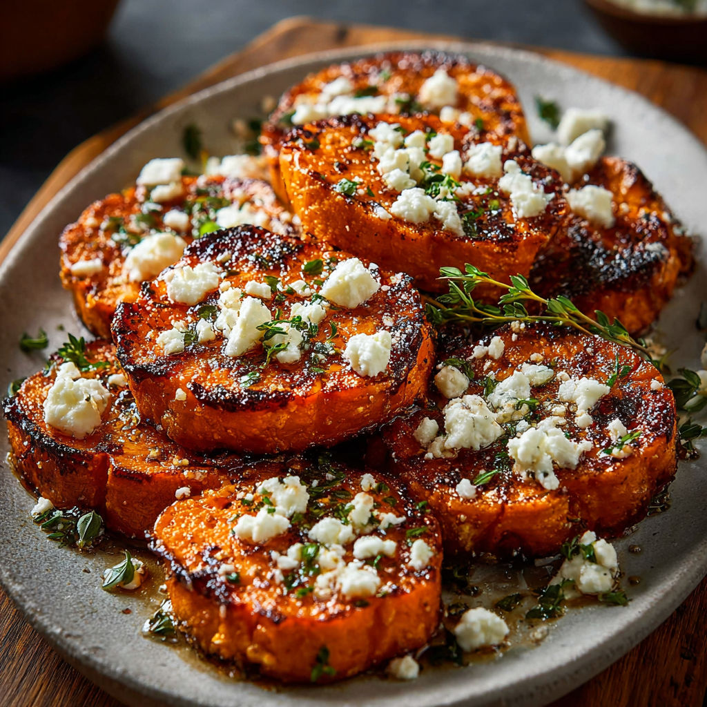 A plate of sweet potato rounds with feta cheese and honey.