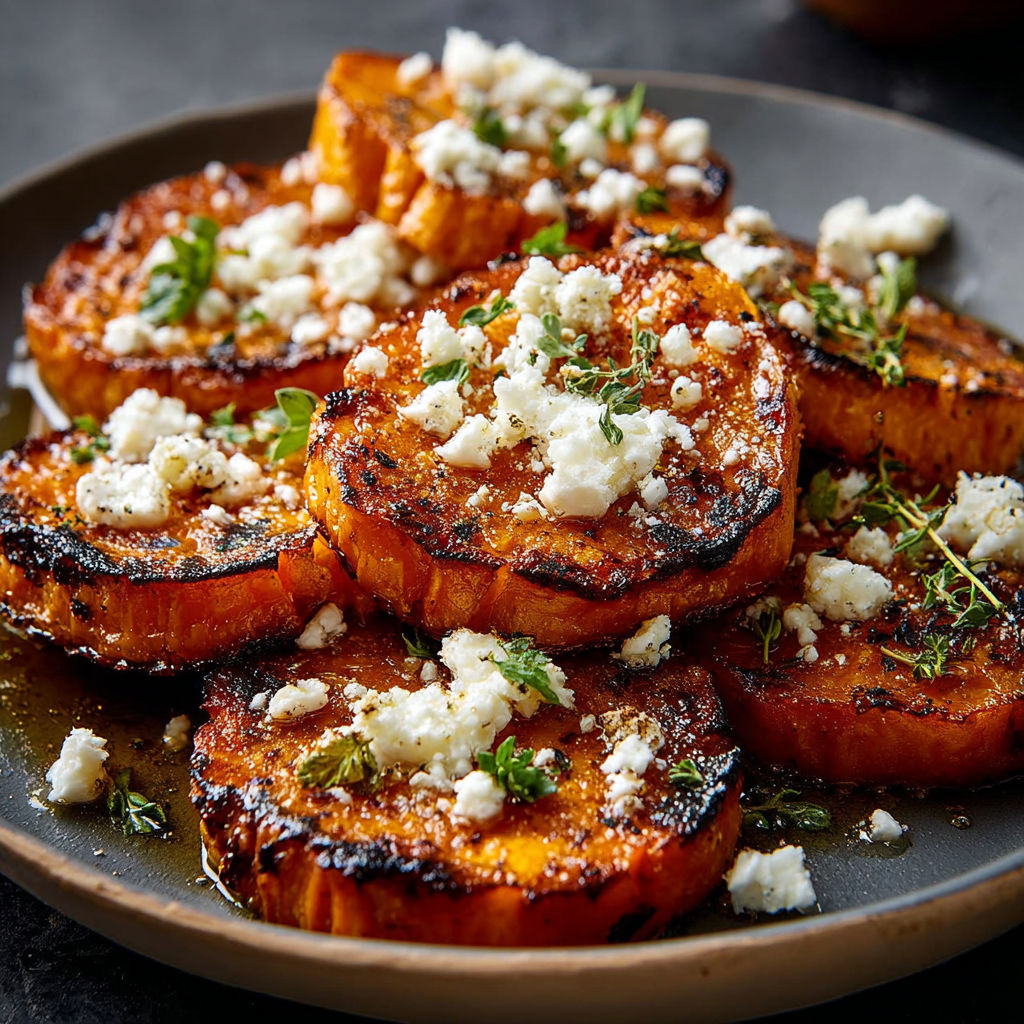 A plate of sweet potato rounds with feta cheese and honey.